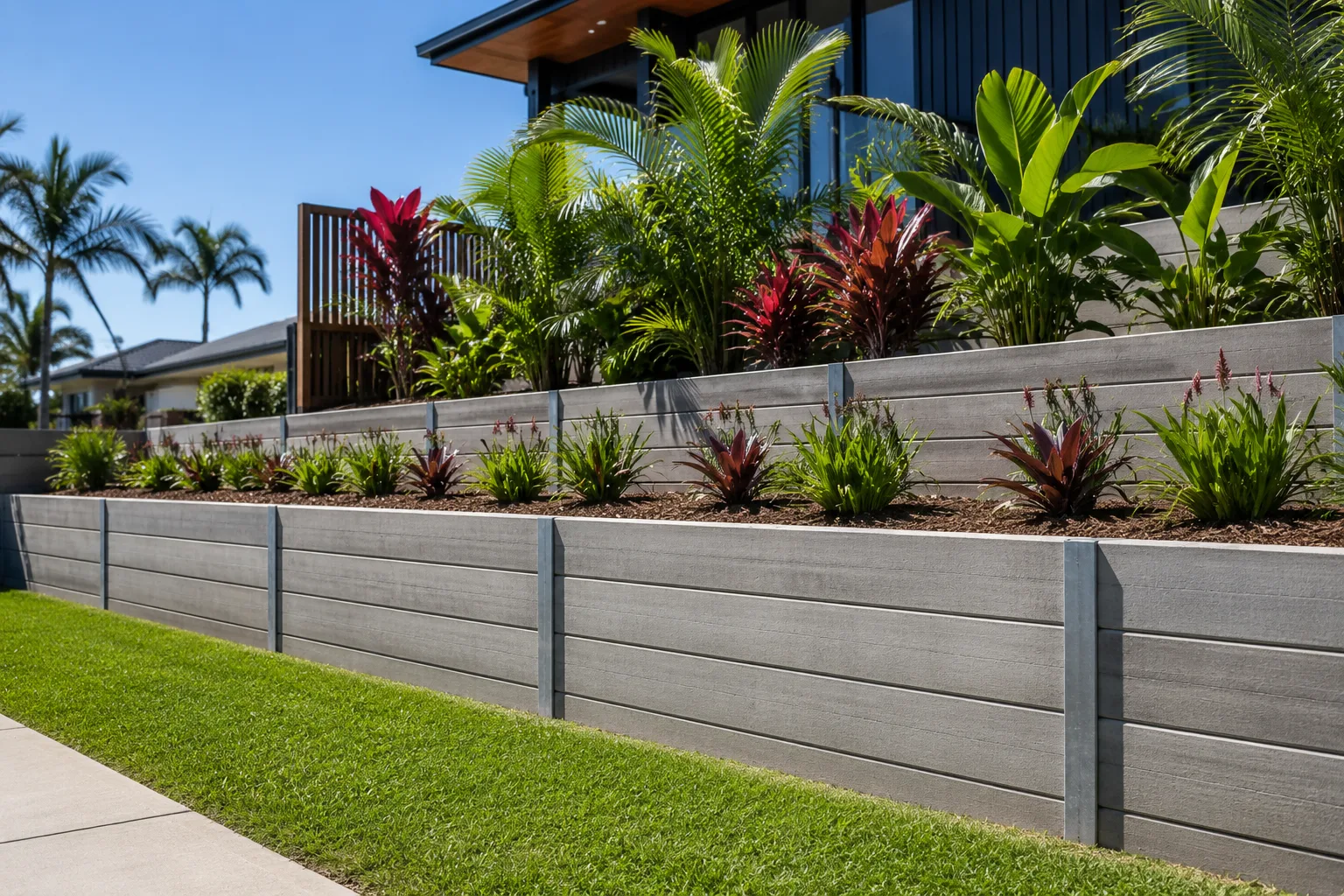 Concrete sleeper retaining wall built for a Geelong property